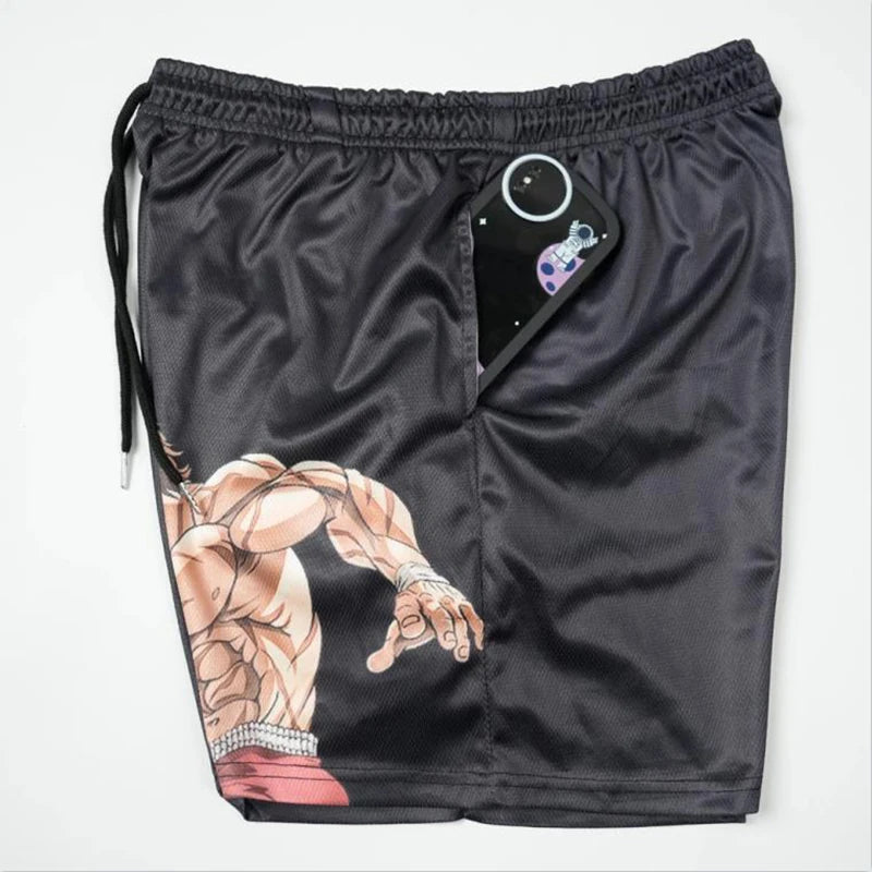 Anime Shorts Baki Haman Print Male Streetwear Beach Shorts Casual Loose Men Elastic Waist Black Shorts