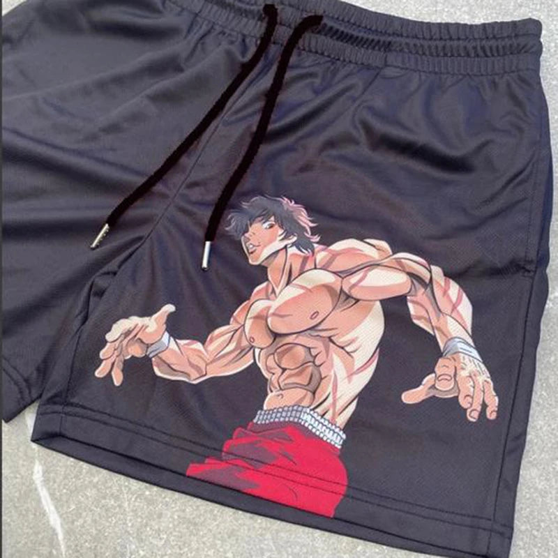 Anime Shorts Baki Haman Print Male Streetwear Beach Shorts Casual Loose Men Elastic Waist Black Shorts